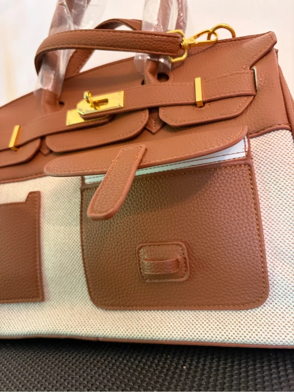 Brown and Cream Two-Tone Satchel Handbag